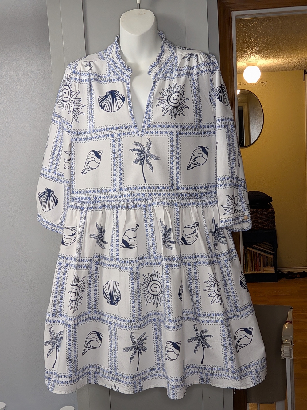 Calypso St. Barth Navy and White Coastal Print Tiered Dress